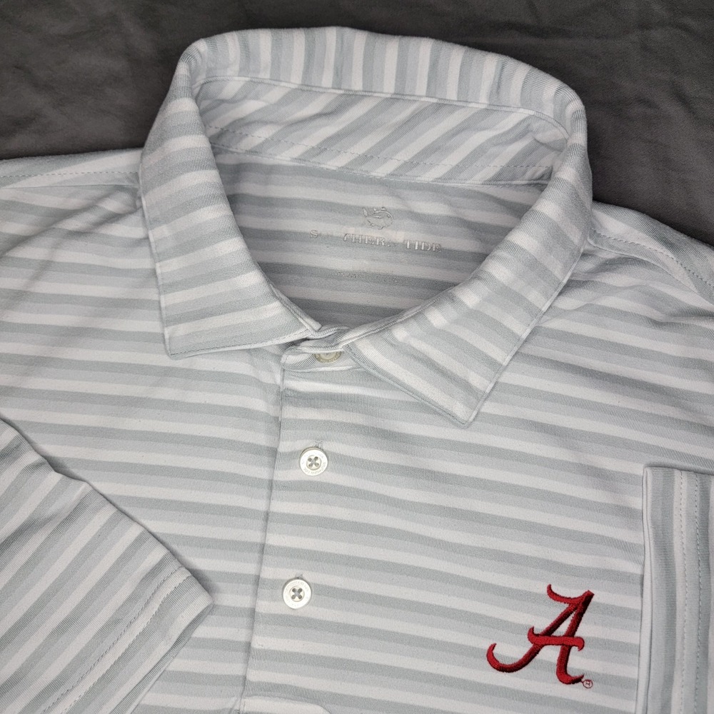 Southern Tide Alabama Football Polo Shirt Men's Large Gray Striped Script A SS